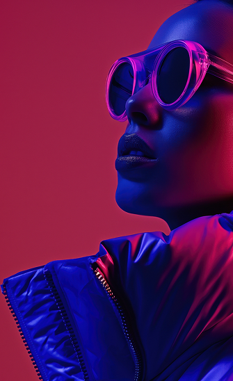 Visage d'une femme avec un maquillage artistique coloré et des lunettes.