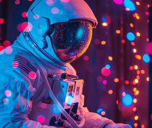 Un cosmonaute, buste vu de profil, observant quelque chose devant lui. Lumières colorées en arrière plan