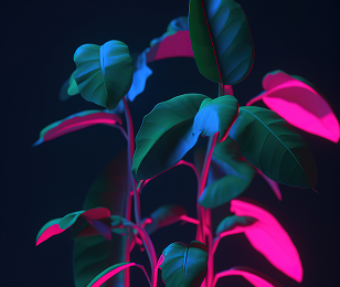 Vue resserrée sur une plante verte sur fond très foncé. Eclairée par en dessous par une lumière rose